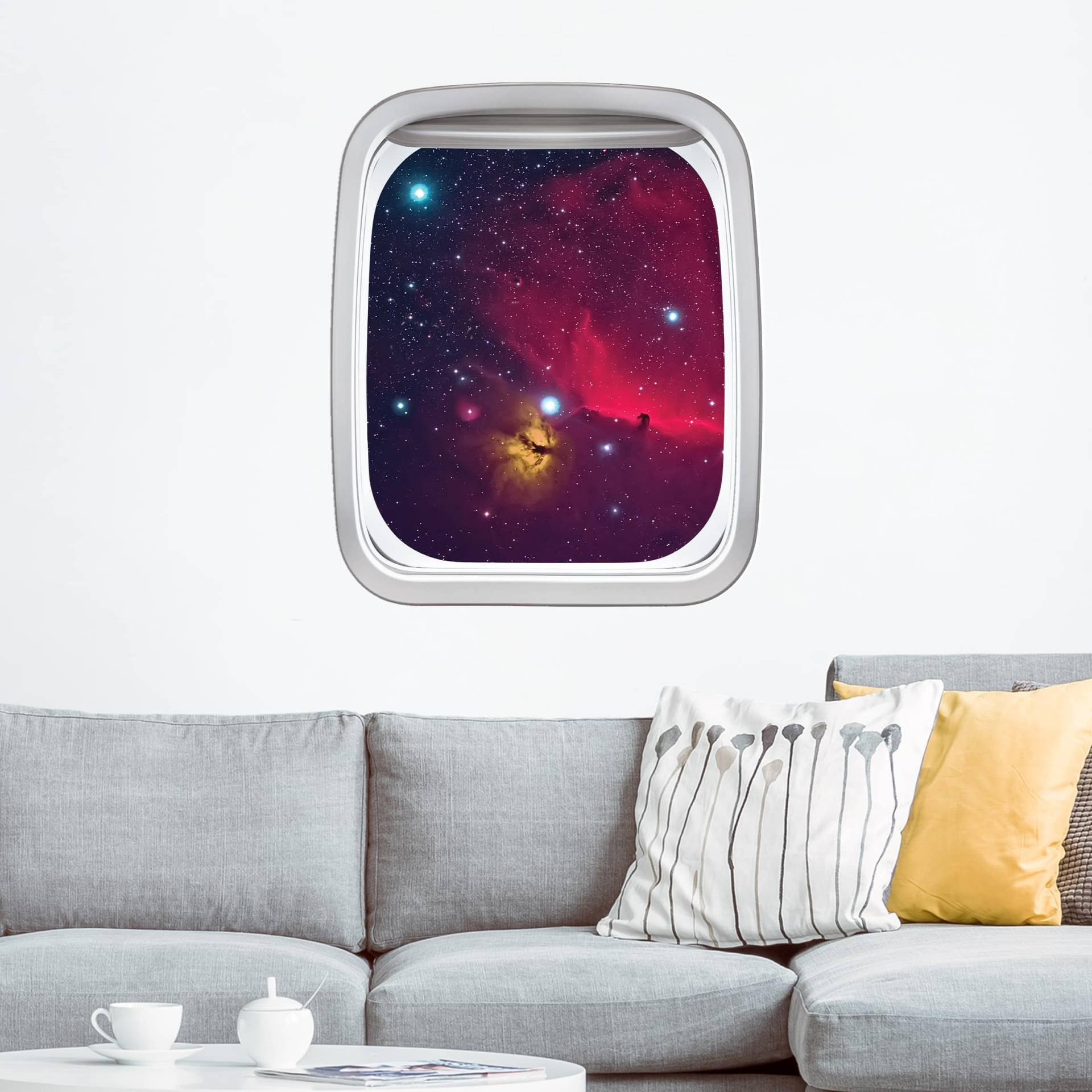 Wandtattoo Kinderzimmer Fenster Flugzeug Farbenfrohe Galaxie von Klebefieber