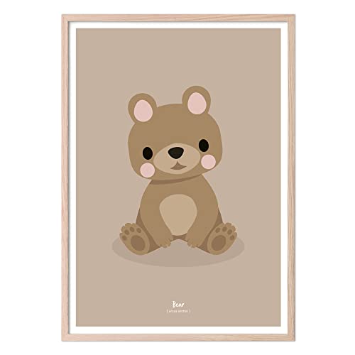 Klebekerlchen Poster 50x70 mit Waldtieren | Dekoration für Kinderzimmer und Babyzimmer | Bilder mit Tiermotiven für Jungen und Mädchen | mit Rahmen Holz – Bär von Klebekerlchen