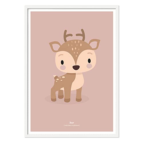 Klebekerlchen Poster 50x70 mit Waldtieren | Dekoration für Kinderzimmer und Babyzimmer | Bilder mit Tiermotiven für Jungen und Mädchen | mit Rahmen Weiß – Reh von Klebekerlchen