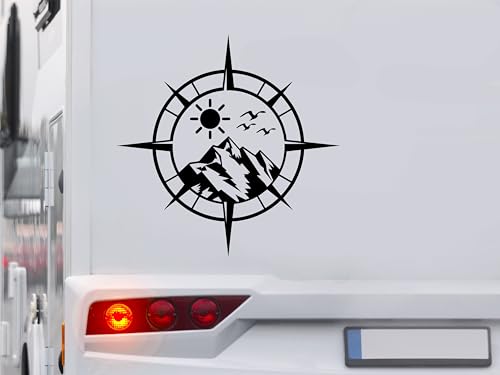 KLEBEKÖNIG Kompass Aufkleber - Berg Sonne Möwen - Wohnmobil Wohnwagen Camping Autoaufkleber Reisen Van Bus Dekor Caravan Wohnanhänger Camper von Klebe könig