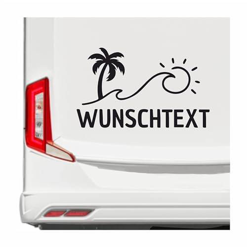 KLEBEKÖNIG Wunschtext Aufkleber Welle - Sonne Meer Strand - Palme Camping Autoaufkleber Reisen Van Bus Dekor Caravan Wohnanhänger Camper von Klebe könig
