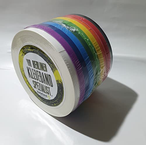 Klebeland 9mm x 25m Gewebeband-Set''Gaffa'', Tape Set, beschichtetes Klebeband im Rainbow-Set, 10 Rollen sehr starkes Gaffa-Tape, je 9 mm Breite 25 m Länge, Mehrfarbig von Klebeland