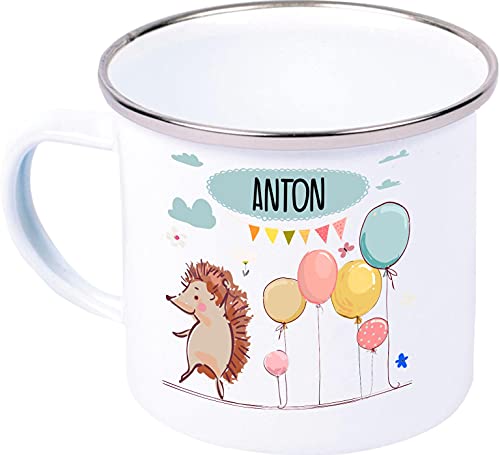 Kleckerliese Kaffeetasse Emaille Tasse Geburt Geschenk Kinder Tiere Balon Wolken personalisiert Name, Igel_1 von Kleckerliese