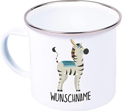 Kleckerliese Kaffeetasse Emaille Tasse Geburt Geschenk Kinder Tiere Indianer Tiermotiv Name Wunschname Personalisiert, Zebra von Kleckerliese