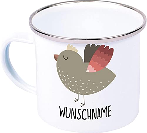 Kleckerliese Kaffeetasse Emaille Tasse Geschenk Kinder Tiermotive und Wunschname, Vogel Spatz von Kleckerliese