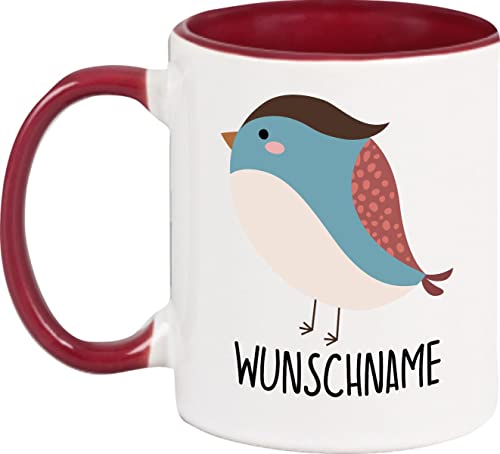 Kleckerliese Kaffeetasse Kinder Tasse Keramiktasse Kindertasse mit Tier Motiven Wunschname Wunschtext, Spatz Vogel, Farbe Burgundy von Kleckerliese