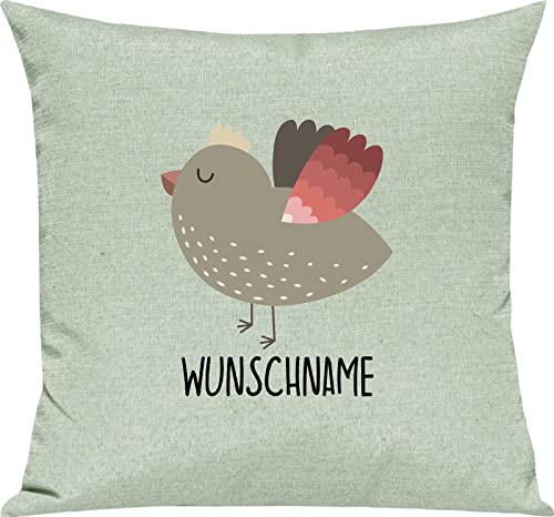 Kleckerliese Kissen Kissenbezug Kissenhülle 40x40cm Tiermotiv Tiere Vogel Spatz Wunschname Wunschtext, Farbe Mint von Kleckerliese