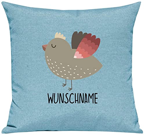 Kleckerliese Kissen Kissenbezug Kissenhülle 40x40cm Tiermotiv Tiere Vogel Spatz Wunschname Wunschtext, Farbe Türkis von Kleckerliese