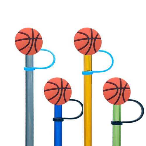 Kleeblatt Basketball-Strohhalm-Abdeckkappe für Stanley-Becher, 4 niedliche Silikon-Trinkhalme, wiederverwendbar, Strohhalm-Aufsätze für Becher, geeignet für 1/4 ~ 1/3 Zoll Trinkhalme, Stanley Cup von Kleeblatt