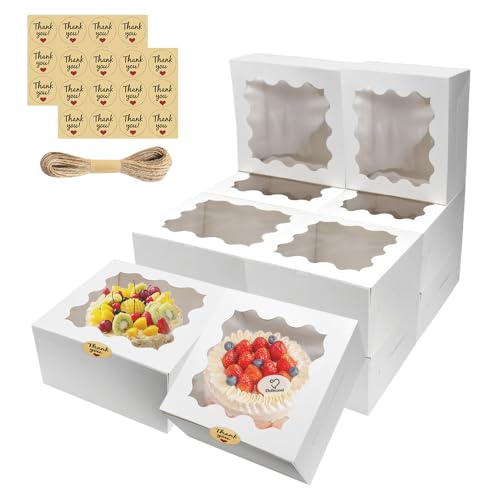 Kleemeiero 12 Stück Tortenschachtel mit Tortenbrett und 1 Hanfseil 2 Blatt Aufkleber 25 x 25 x 13 cm Tortenkartons Weiß Kuchenkarton mit Sichtfenster Tortenbox Verpackungsbox für Torten Cake Kuchen von Kleemeiero