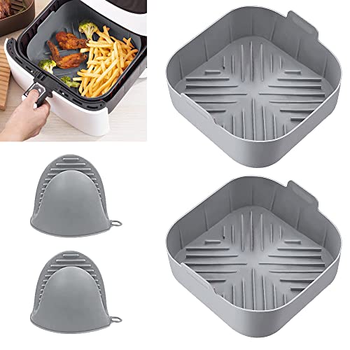 Kleemeiero 2 STK Silikonform für Heißluftfritteuse Air Fryer Liners Silicone Pot 21cm Silikon Backform Heißluftfritteuse Korb Antihaft Airfryer Korb mit Zwei Mini Ofenhandschuhe für Ofen Mikrowelle von Kleemeiero