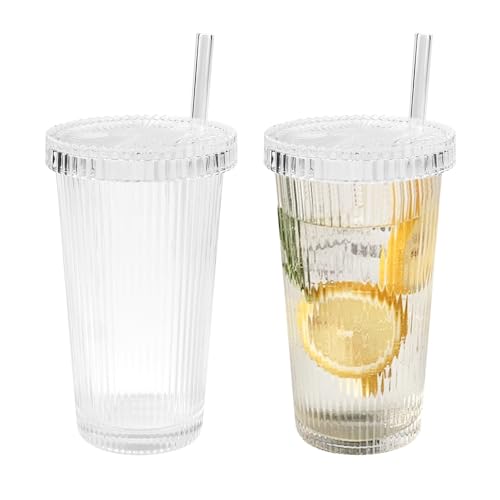 Kleemeiero 2 Stück Glas Wasserbecher mit Deckel und Strohhalm 380ml Trinkgläser Geriffelte Glasbecher Kaffeetassen Longdrinkgläser Blasen Teetassen Saftglas Milchtrinkbecher für Saft, Milch, Kaffee von Kleemeiero