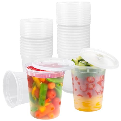 Kleemeiero 24 Stück Kunststoffbehälter mit Deckel 950ml /32oz Kunststoffdose Plastikbecher Trinkbecher Wiederverwendbare Aufbewahrungsbecher Auslaufsicher Ausschankbecher für Suppen,Snacks von Kleemeiero