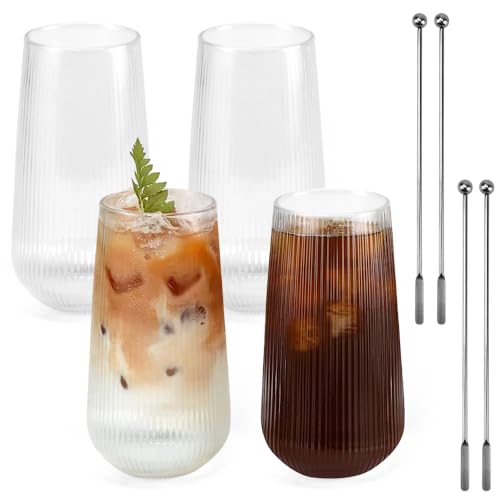 Kleemeiero 4 Stück Latte Macchiato Gläser 500ml Glasbecher mit 4 Edelstahl-Rührstäbchen Cappuccino Kaffeegläser Vertikale Streifen Design Kaffeeglas Teeglas für Latte, Getränke - Spülmaschinenfest von Kleemeiero
