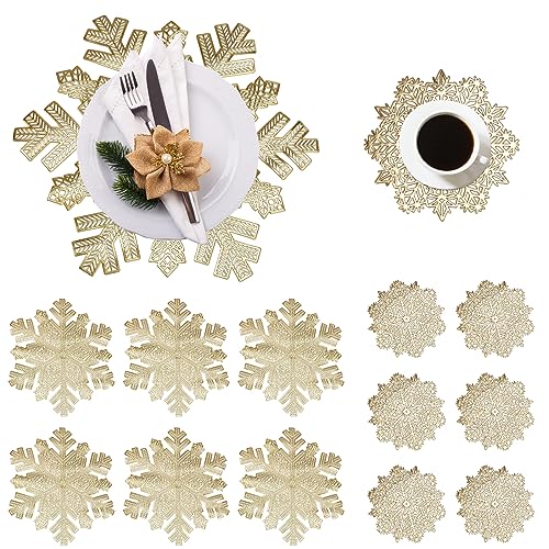 Kleemeiero 6er Set Platzsets and 6 Untersetzer Schneeflocken Tischsets PVC Weihnachten Platzset Rund Tischuntersetzer Abwaschbar Hitzebeständig Platzdeckchen für Küchentisch 38 cm (Gold) von Kleemeiero