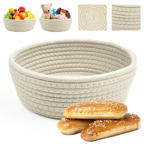 Kleemeiero Brötchenkorb Brotkorb Geflochten Aufbewahrungskorb Geflochten Baumwollseil Brotkörbchen Klein Brötchen Korb Deko Runde 22cm Ø Brotschale Frühstück Flechtkorb zum Servieren von Gebäck-Beige von Kleemeiero