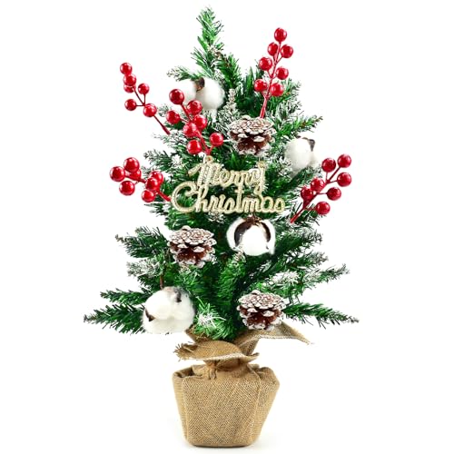 Kleemeiero Mini Weihnachtsbaum 55cm Tannenbaum Künstlich Kleiner Weihnachtsbaum Dekoriert Christbaum klein künstlich geschmückt mit Kiefernzapfen Rote Beeren Baumwollblüten für Weihnachten Deko von Kleemeiero