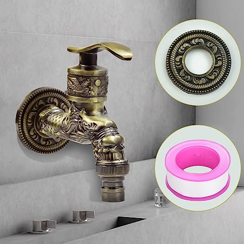 Kleemeiero Vintage Wasserhahn 1/2 Zoll Antik Messing Wasserhahn Garten Wand Wasserhahn Zinklegierung Waschmaschine Wasserhahn Drache Geschnitzt Wasserhahn mit Klempnerband für zu Hause Küche Garten von Kleemeiero