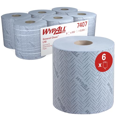WypAll L10 General Clean Papierreinigungstücher für Service u. Einzelhandel 7407 – Rolle mit Zentralentnahme für Reach PLUS und Roll Control Spender – 6 blaue Rollen x 500 Papiertücher (insgesamt 3.00 von KleenGuard