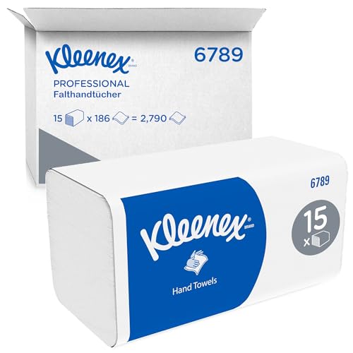 Kleenex Papierhandtücher mit Interfold Faltung 6789–2-lagige Papiertücher mit V-Faltung–15 Packungen x 186 Handtücher ( Total 2790 Falthandtücher) , weich, komfortabel, ultra-absorbierend und reißfest von KLEENEX