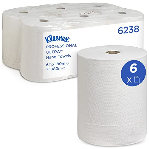 Kleenex Ultra Papierhandtuchrolle 6238 – 2-lagige Papierhandtücher – 6 Rollen x 180 m weiße Handtücher (insg. 1.080 m) von KLEENEX