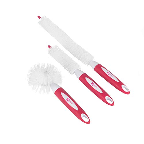 Kleeneze KL082794EU7 3er Pack Flaschenbürsten - Biegbarer Bürstenkopf, Spülbürsten mit Rutschfester Griff, Babyflaschenbürste mit Weiche Borsten, waschbürste für schwer zugängliche Bereiche, Rosa/Weiß von Kleeneze