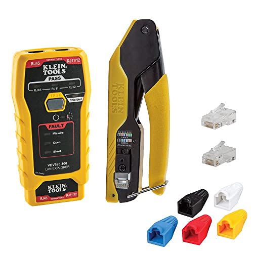 Klein Tools 80093 Kabeltester VDV LAN Kit mit LAN-Tester, Pass-Thru Crimpper, CAT6/CAT5e Stecker und Zugentlastungsstiefel, 5-teilig von Klein Tools