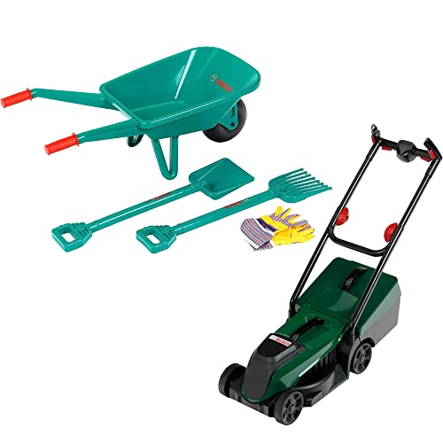 Theo Klein 3052 Bosch 2er Set 4-teiliges Gartenset mit Schubkarre + Rotak Rasenmäher von Klein Tools
