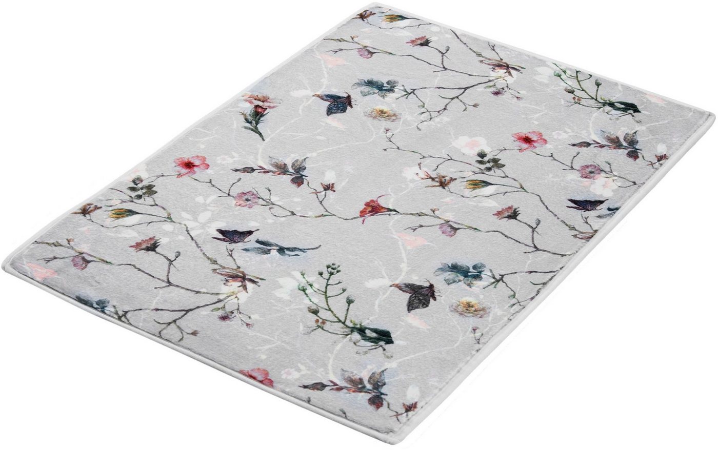 Badematte Flores Kleine Wolke, Höhe 5 mm, rutschhemmend beschichtet, fußbodenheizungsgeeignet, Polyester, rechteckig, romantisch verspieltes Design mit Blumen und Schmetterlingen von Kleine Wolke