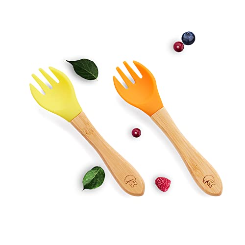 Kleiner Fuchs 2tlg. Kindergabel Set - Kinderbesteck ab 1 Jahr aus Bambus mit schonendem Silikon-Aufsatz - Kinderbesteck Set, Kinder Besteck, Gabelset (Orange/Gelb) von Kleiner Fuchs