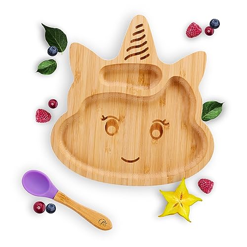 Kleiner Fuchs Hochwertiges Bambus Teller mit Saugnapf, Rutschfestem Saugnapf mit passendem Baby Löffel Macht Mahlzeiten Spaß, Bambus Geschirr Set mit Geschenkbox - Essenlernen mit Einhorn Design von Kleiner Fuchs