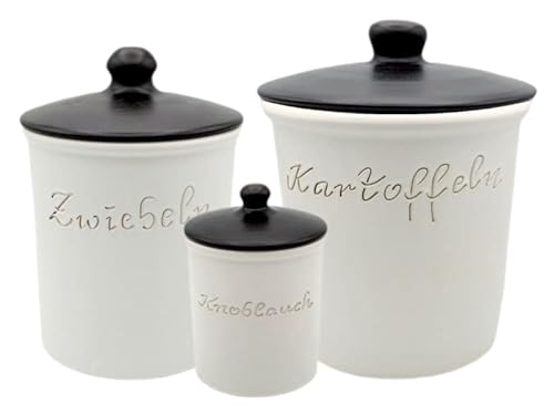 LISINA Keramik & Design - Keramik Set XL (Kartoffeltopf XL, Zwiebeltopf L Knoblauchtopf weiß/schwarz) von Kleiraba Keramik