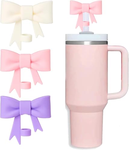 Bow Straw Cover Topper für Stanley Cup,Silikon Strohhalme Topper für Becher mit Griff 40oz, Cute 10mm Covers Cap,Staub-Proof Wiederverwendbare Deckel für Stanleys Cups Zubehör (Rosa) von Klhamky