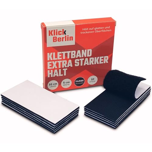 Klick Berlin Klettstreifen Selbstklebend Extra Stark | 5 cm x 10 cm | klebt auf vielen Flächen | Klettverschluss | 50mm breit, 100 mm lang Klettband von Klick Berlin