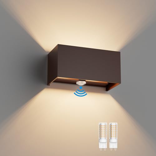 Klighten 18W Außenwandleuchte mit Bewegungsmelder Innen/Außen 3000K Außenlampe mit Bewegungsmelder Wandlampe Einstellbar Abstrahlwinkel, mit Austauschbarer G9 LED Lampe (Bronze) von Klighten