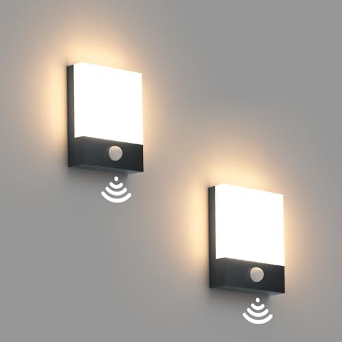 Klighten 2 Stück 24W LED Außenwandleuchte mit Bewegungsmelder, Anthrazit Wandleuchte Innen Außen Wandlampe, IP65 Außenlampe mit Sensor für Garten Terrasse Eingang, Warmweiß 3000K Aussenleuchte von Klighten