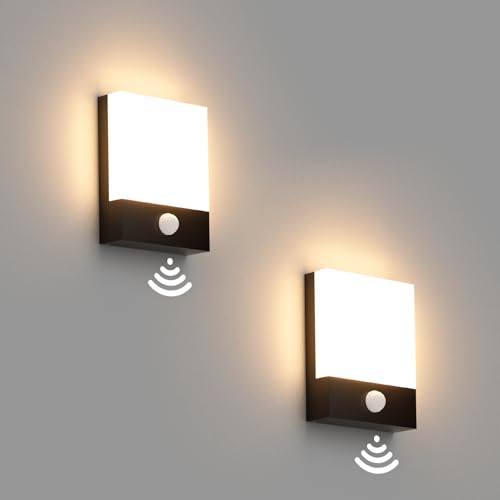 Klighten 2 Stück 24W LED Außenwandleuchte mit Bewegungssensor, Schwarze Wandleuchte, IP65 Außenwandlampe mit Sensor für Garten Terrasse Eingang, Warmweiß 3000K Außenwandleuchte von Klighten