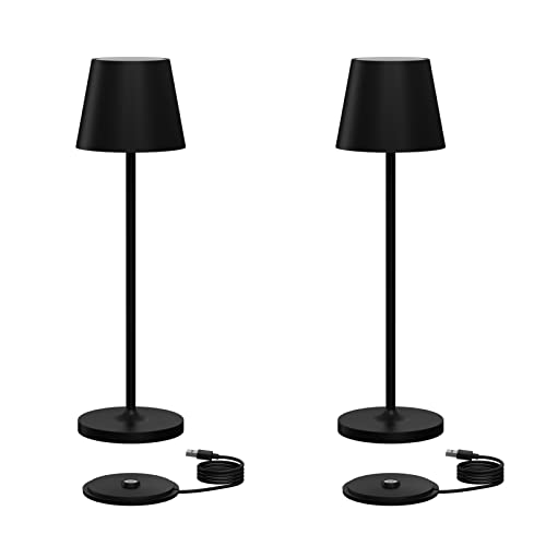 Klighten 2 Stück Dimmbare LED Akku Tischlampe Kabellose, Warme Lichtfarbe 3000K, Aufladbar Aluminium Tischleuchte für Innen und Aussen mit USB Ladestation, IP54 Wasserdicht, Schwarz von Klighten