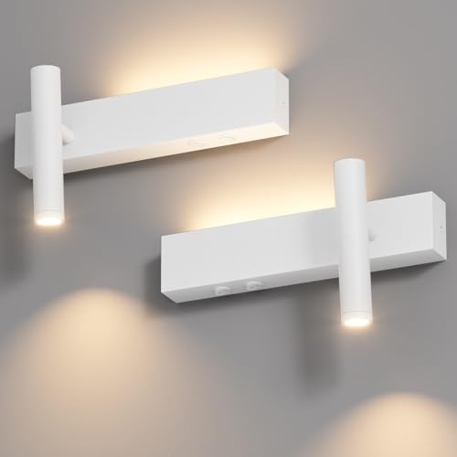 Klighten 2 Stück LED Wandleuchte Innen, 3W+3W Wandlampe 2 flammig, 3000K Wandleuchten mit 2 Schalter, Rundes Wandstrahler 330°Drehbar /60°Verstellbarer, für Wohnzimmer, Aluminium, Warmweiß, Weiß von Klighten