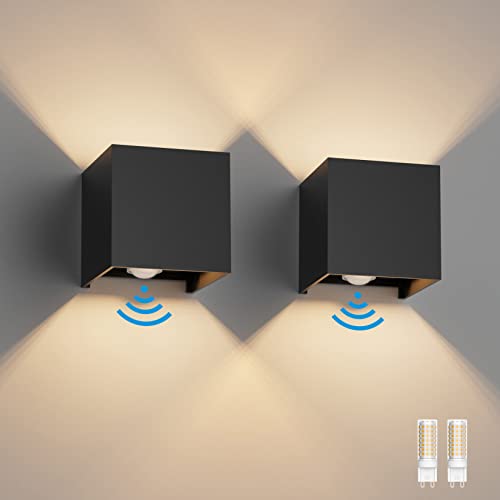 Klighten 2 Stück LED Wandleuchte mit Bewegungsmelder Innen/Außen 3000K Außenwandleuchte mit Bewegungsmelder Wandlampe Einstellbar Abstrahlwinkel, mit Austauschbarer G9 LED Lampe (Schwarz) von Klighten