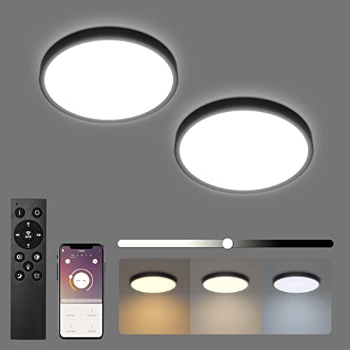 Klighten 2 Stück Led Deckenleuchte Schwarz Dimmbar 24W mit Fernbedienung, Modern Deckenlampe Rund Flach mit App-Steuerung für Wohnzimmer Schlafzimmer Küche Flur, Ø23cm x 2cm, 2700K-6000K, 2160Lumen von Klighten