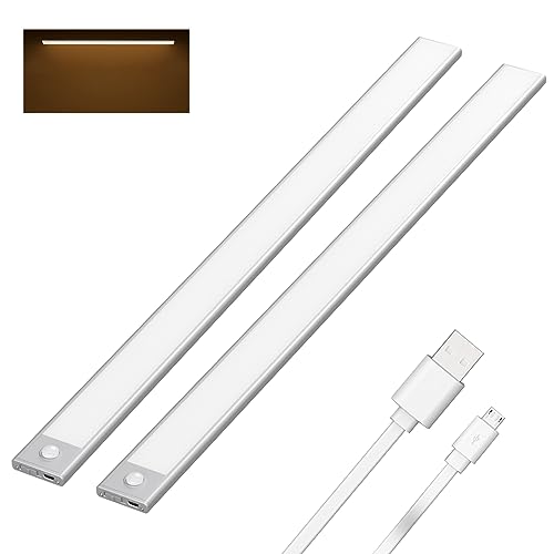 Klighten 2 Stück Schrankleuchten mit Bewegungsmelder, 60cm LED Nachtlicht mit 113 LED, USB Wiederaufladbar Batterie Schranklicht für Schlafzimmer Flur Küche, Auto/ON/OFF, Warmweiß, Silber von Klighten