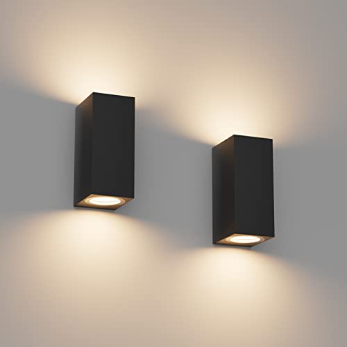 Klighten 2 Stück Schwarz Wandleuchte Aussen Innen, Wasserdicht IP65 Modern Wandlampe Außen, Aluminium Eckig Außenlampe Außenleuchte Wand, Up Down GU10 Fassung Außenwandleuchte, Ohne Leuchtmitte von Klighten