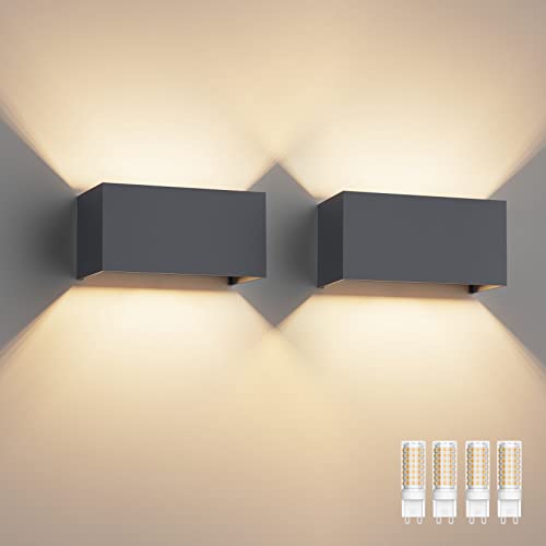Klighten 2PCS Wandleuchte mit Austauschbarer G9 LED Lampe Warmweiß 3000K, Aluminium LED Wandleuchte Innen/Aussen Einstellbar Abstrahlwinkel aussenbeleuchtung für Wohnzimmer Garten, Anthrazit von Klighten