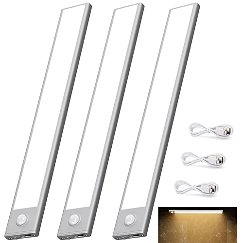 Klighten 3 Stück Schrankleuchten mit Bewegungsmelder, 30cm LED Nachtlicht mit 53 LED, USB Wiederaufladbar Batterie Küchenleuchte für Schlafzimmer Flur Küche, Auto/ON/OFF, Warmweiß, Silber von Klighten