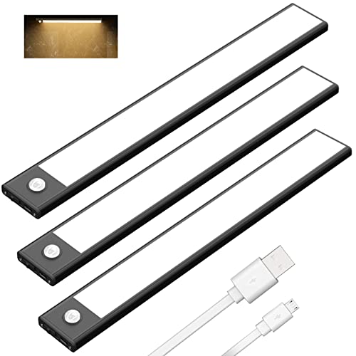 Klighten 3 Stück Schrankleuchten mit Bewegungsmelder, 30cm LED Sensor Licht mit 53 LED, USB Wiederaufladbar Batterie Nachtlicht Schranklicht für Schrank Flur Küche, Auto/ON/OFF, Warmweiß, Schwarz von Klighten