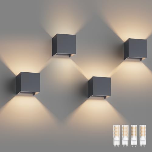 Klighten 4 Pack LED Wandleuchte mit Austauschbarer G9 LED Lampe Warmweiß 3000K, Aluminium LED Wandlampe Innen/Aussen Einstellbar Abstrahlwinkel aussenbeleuchtung für für Wohnzimmer Garten, Anthrazit von Klighten