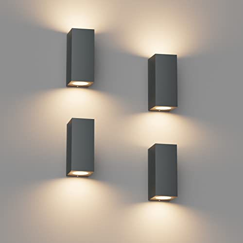 Klighten 4 Stück Anthrazit Wandleuchte Aussen Innen, Wasserdicht IP65 Modern Wandlampe Außen, Aluminium Eckig Außenlampe Außenleuchte Wand, Up Down GU10 Fassung Außenwandleuchte, Ohne Leuchtmitte von Klighten