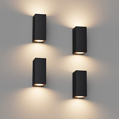 Klighten 4 Stück Schwarz Wandleuchte Aussen Innen, Wasserdicht IP65 Modern Wandlampe Außen, Aluminium Eckig Außenlampe Außenleuchte Wand, Up Down GU10 Fassung Außenwandleuchte, Ohne Leuchtmitte von Klighten