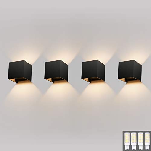 Klighten 4 Stücke LED Wandleuchte Aussen/Innen Wandlampe Warmweiß 3000K, Modern Up Down Design 9W Außenwandleuchten Mit Einer Ersetzbaren G9 Birne, IP54, Schwarz von Klighten